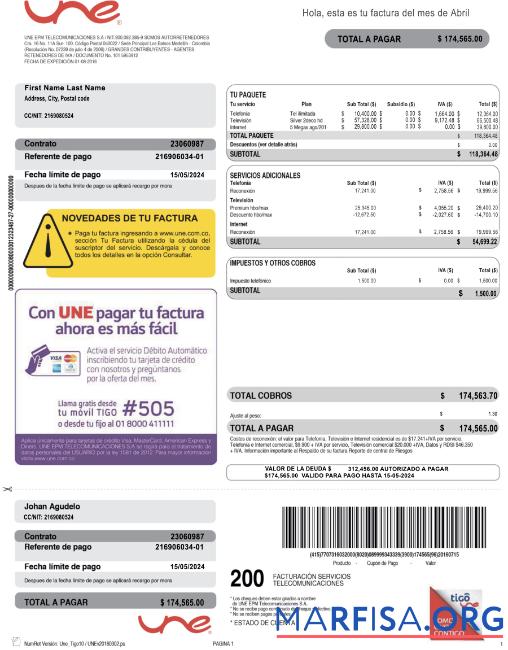 Downloadable Colombia UNE EPM Telecomunicaciones PSD utility bill download for verification